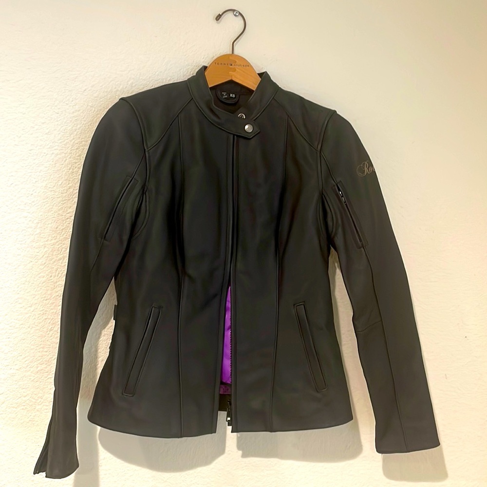 Women’s black leather motorcycle jacket